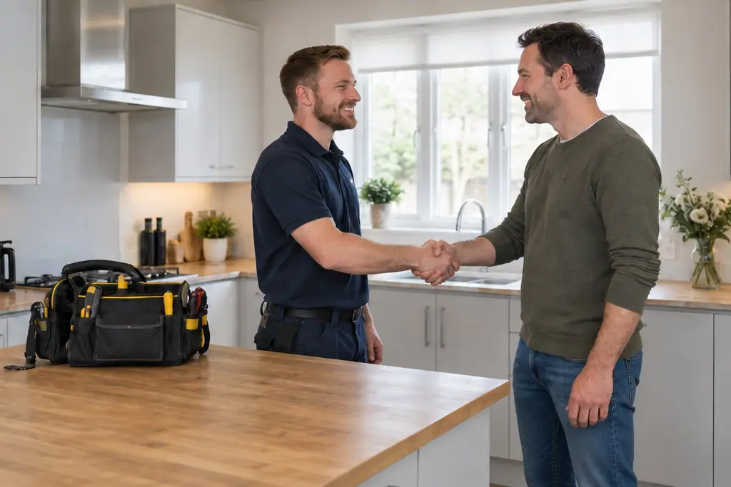 Tradesperson shaking hands with a customer in his kitchen