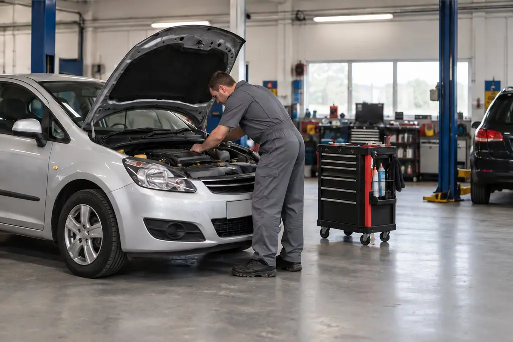 Mechanic working under the bonnet of a car in a garage