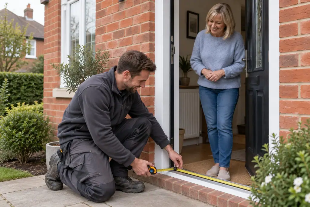 Tradesperson measuring a front door threshold while the homeowner watches