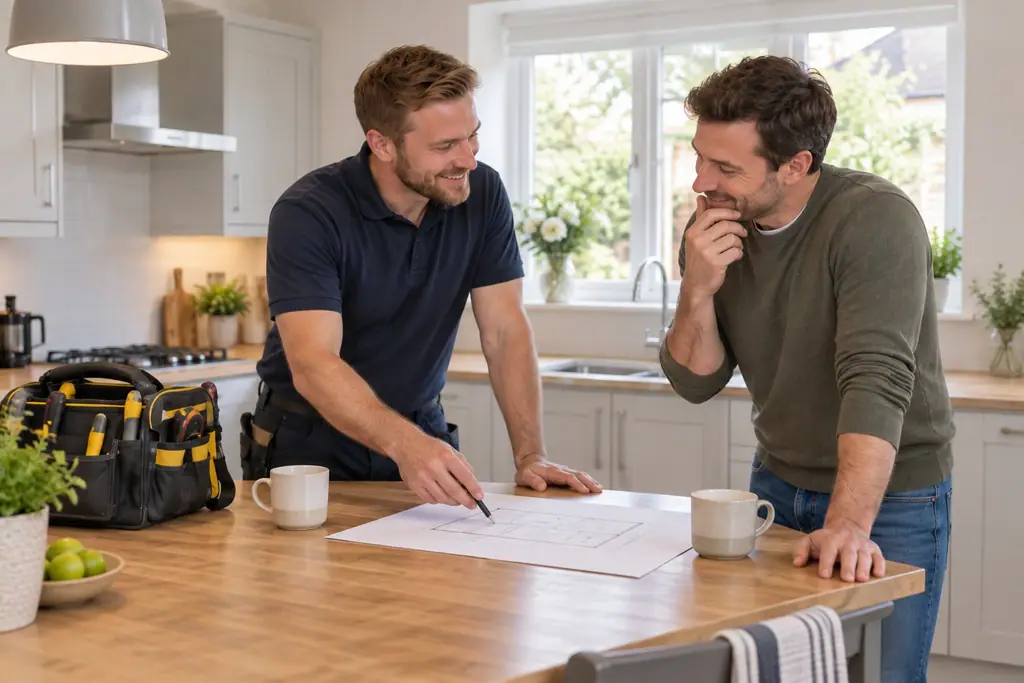Tradesperson talking through plans with a customer at a kitchen table