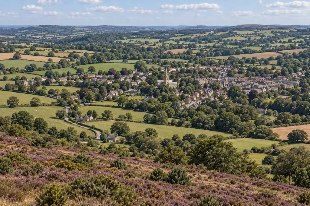 View across East Dorset countryside towards a market town